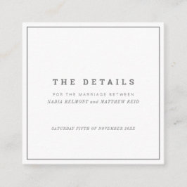 Minimale grijze witte vierkante bruiloft details informatiekaartje
