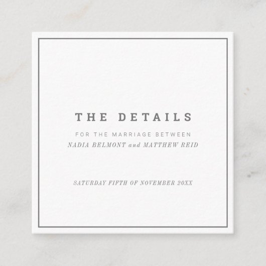 Minimale grijze witte vierkante bruiloft details informatiekaartje (Voorkant)