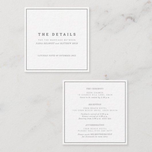 Minimale grijze witte vierkante bruiloft details informatiekaartje (Voorkant / Achterkant)
