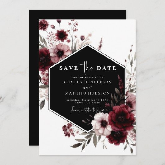 Minimale grillige Bourgondische bruiloft Save The Date (Voorkant / Achterkant)