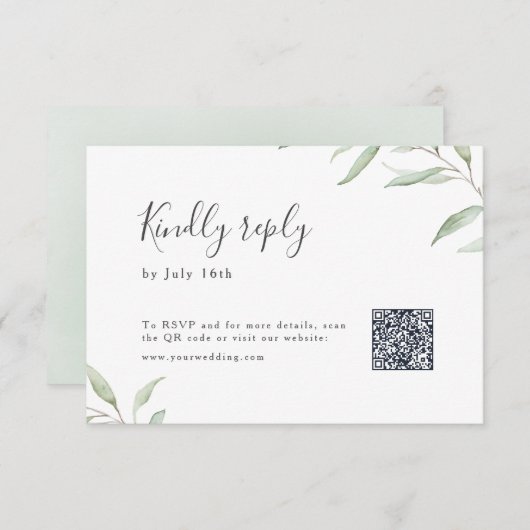 Minimale groen botanische rustieke bruiloft QR-cod RSVP Kaartje (Voorkant / Achterkant)