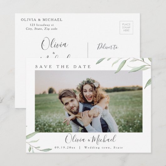 Minimale groen foto bruiloft bespaar de datum briefkaart (Voorkant / Achterkant)