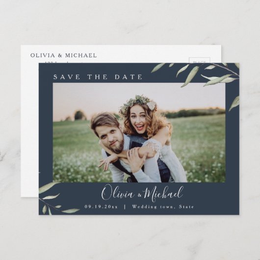 Minimale groen foto bruiloft bespaar de datum briefkaart (Voorkant / Achterkant)