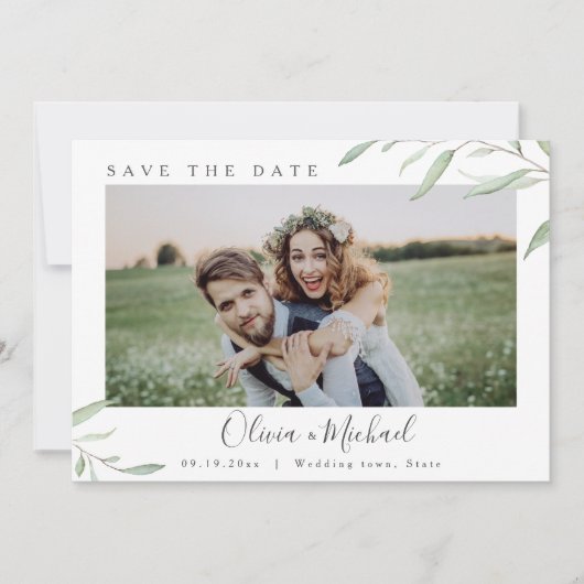 Minimale groen foto bruiloft bespaar de datum kaart (Voorkant)