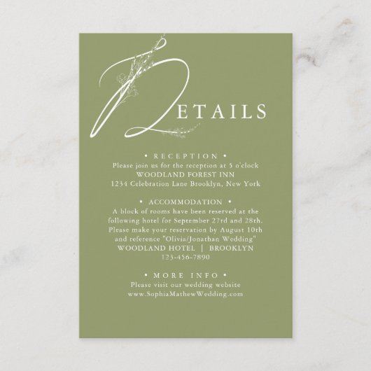 Minimale groen mos groen bloemenbruiloft details informatiekaartje (Voorkant)