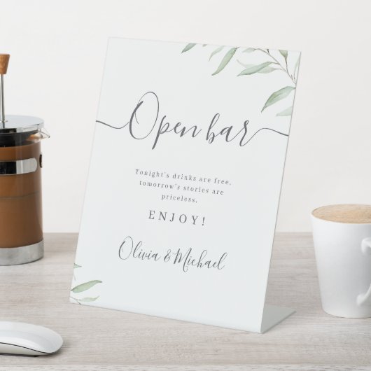 Minimale groen script rustieke bruiloft open bar reclamebord met voetstuk (Insitu)