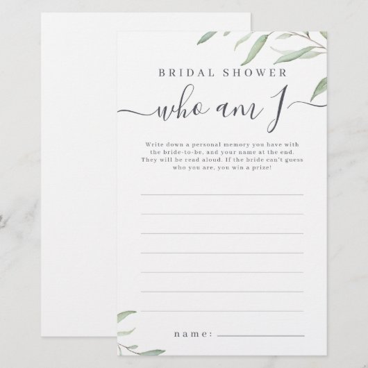 Minimale groen wie ben ik bruidsfeest spel (Voorkant / Achterkant)