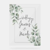 Minimale groene bladeren moderne witte bruiloft acryl bord (Voorkant)