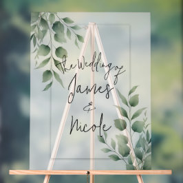 Minimale groene bladeren moderne witte bruiloft acryl bord