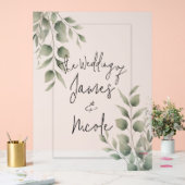 Minimale groene bladeren moderne witte bruiloft acryl bord (Huwelijk)