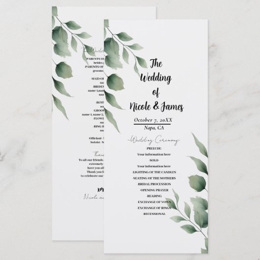 Minimale groene bladeren moderne witte bruiloft programmakaart (Voorkant / Achterkant)