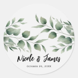 Minimale groene bladeren moderne witte bruiloft ronde sticker