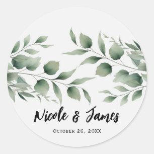 Minimale groene bladeren moderne witte bruiloft ronde sticker