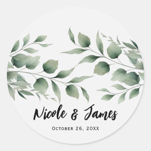 Minimale groene bladeren moderne witte bruiloft ronde sticker (Voorkant)