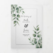 Minimale groene bladeren moderne witte trouw drieluik uitnodiging (Cover)