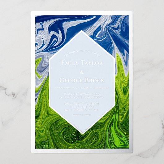 Minimale groene blauwe hemel Abstracte bruiloft Folie Uitnodiging (Voorkant)