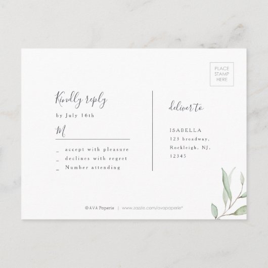 Minimale groene botanische rustige bruiloft RSVP Uitnodiging Briefkaart (Achterkant)
