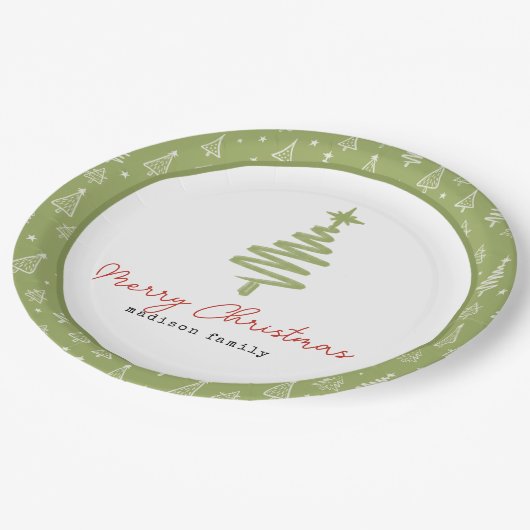 Minimale groene en rode kerstboom Familievakantie Papieren Bordje (Gekanteld)