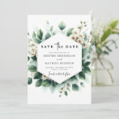 Minimale groene Eucalyptus digitale bruiloft Save The Date (Staand voorkant)