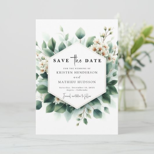 Minimale groene Eucalyptus digitale bruiloft Save The Date (Staand voorkant)