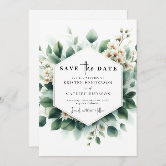 Minimale groene Eucalyptus digitale bruiloft Save The Date (Voorkant / Achterkant)
