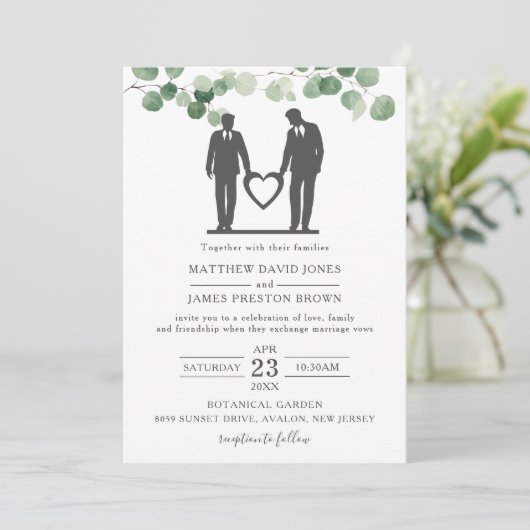Minimale groene Eucalyptus Gay Wedding Grooms Kaart (Staand voorkant)