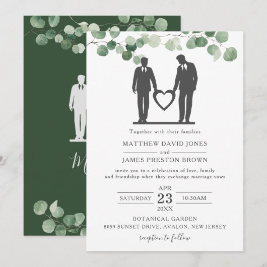Minimale groene Eucalyptus Gay Wedding Grooms Kaart (Voorkant / Achterkant)