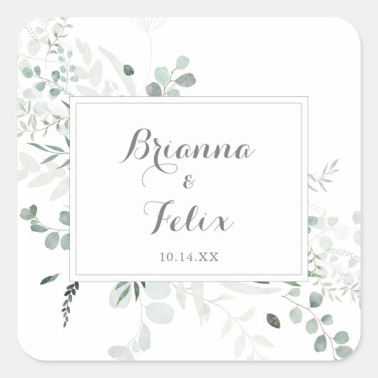 Minimale groene Eucalyptus Wedding Envelope-zegels Vierkante Sticker (Voorkant)