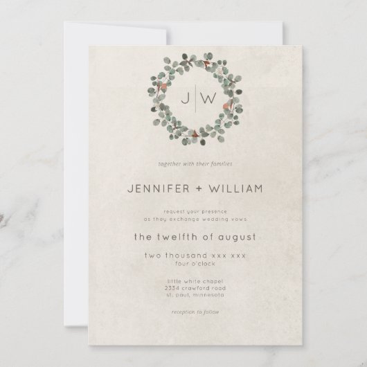 Minimale groene eucalyptuskrans bruiloft roest kaart (Voorkant)