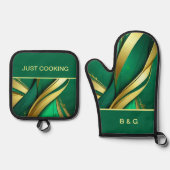 Minimale groene & gouden strepen ovenwant & pannenlap set (Voorkant)