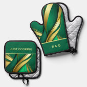 Minimale groene & gouden strepen ovenwant & pannenlap set (Voorkant / Achterkant)