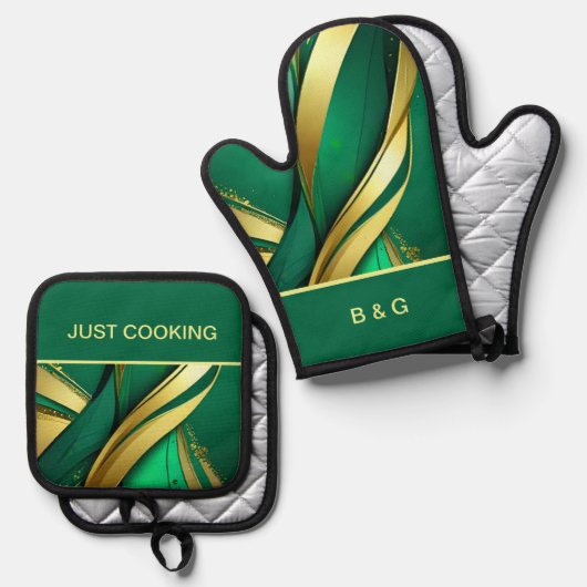 Minimale groene & gouden strepen ovenwant & pannenlap set (Voorkant / Achterkant)