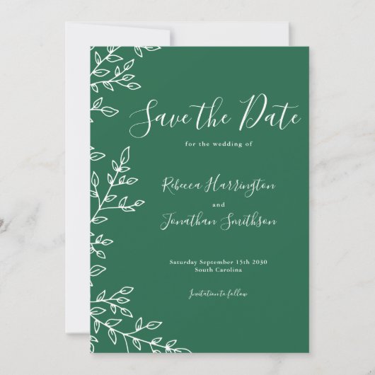 Minimale groene lebben-bruiloft bespaart de datum kaart (Voorkant)