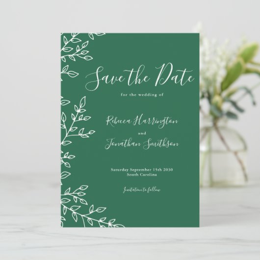 Minimale groene lebben-bruiloft bespaart de datum kaart (Staand voorkant)