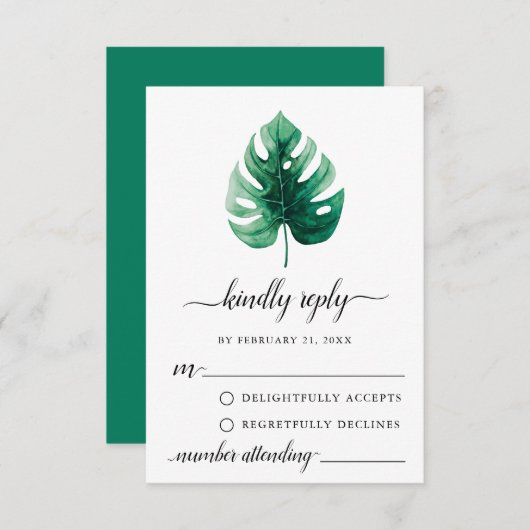 Minimale Groene Monstera Leaf RSVP-kaart Advieskaart (Voorkant / Achterkant)