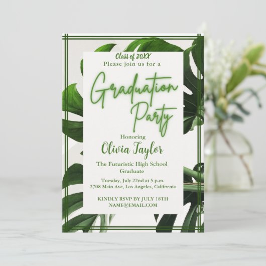 Minimale groene neon tropische palm afstudeerfeest kaart (Staand voorkant)