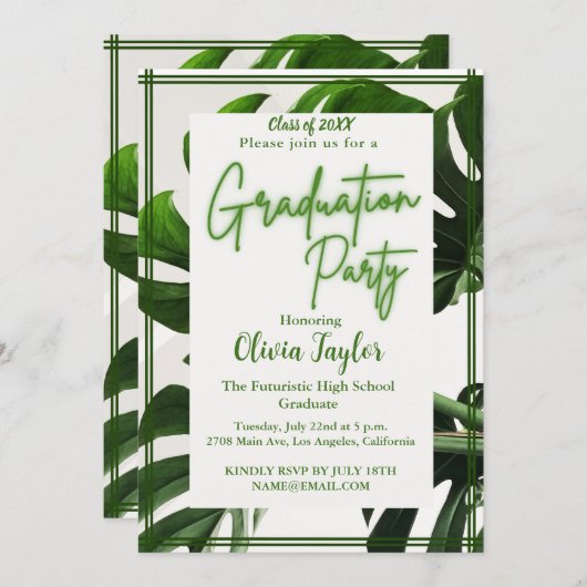 Minimale groene neon tropische palm afstudeerfeest kaart (Voorkant / Achterkant)