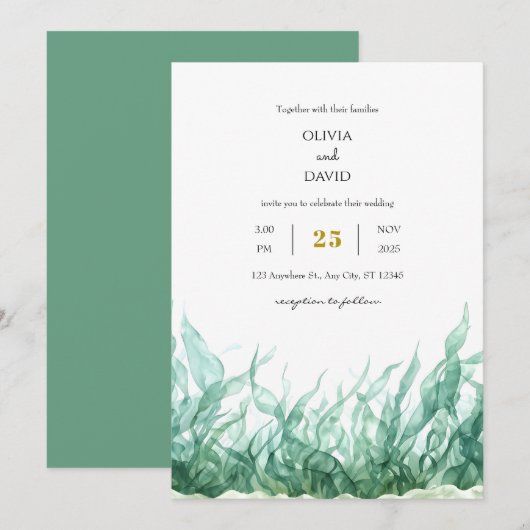 Minimale groene onderwater zeewier strand bruiloft kaart (Voorkant / Achterkant)