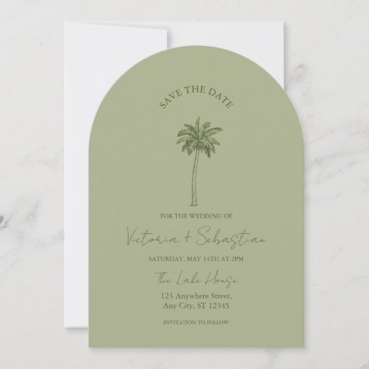 Minimale Groene Palmboom Strand Save The Date Kaart (Voorkant)