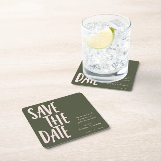 Minimale groene roze bruiloft bespaart de datum kartonnen onderzetters (Insitu)