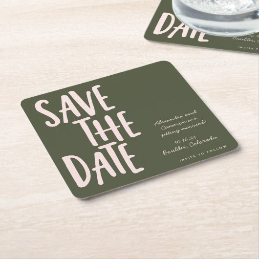 Minimale groene roze bruiloft bespaart de datum kartonnen onderzetters (Schuin)