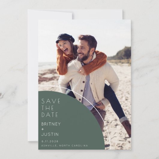 Minimale groene twee foto bruiloft save the date (Voorkant)