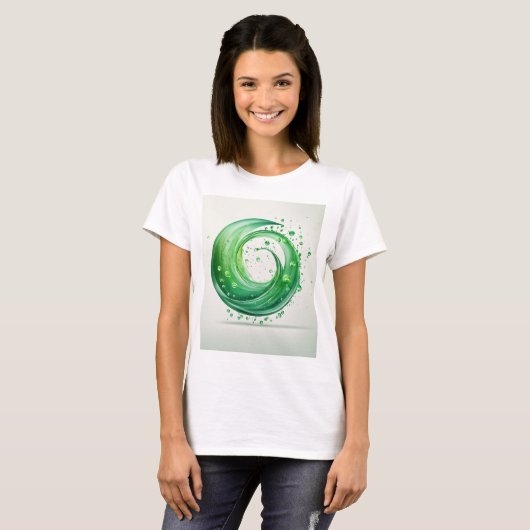 Minimale groene water druppels logo op witte achte t-shirt (Voorkant volledig)