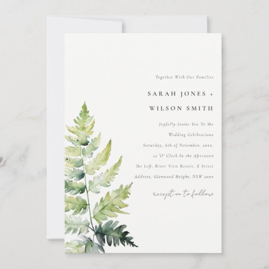 Minimale Groene Waterverf Fern Foliage Wedding Kaart (Voorkant)