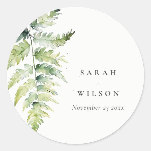 Minimale Groene Waterverf Fern Foliage Wedding Ronde Sticker (Voorkant)