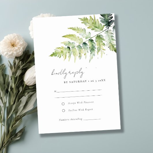 Minimale Groene Waterverf Fern Foliage Wedding RSVP Kaartje