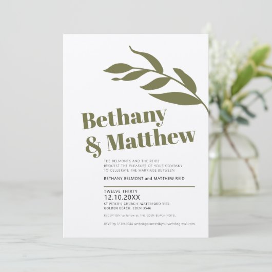 Minimale groene witte olijfbladeren bruiloft kaart (Staand voorkant)