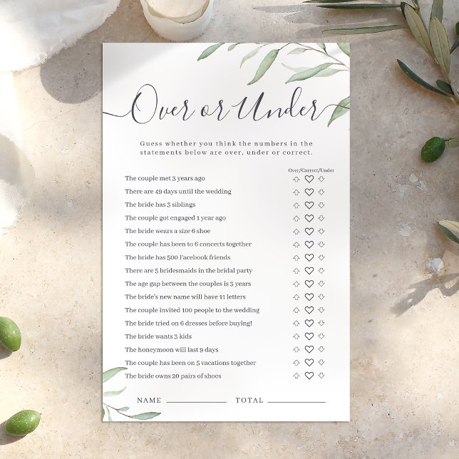 Minimale groenelementen Over of onder bruidsfeest  (Minimal greenery Over or Under bridal shower game)