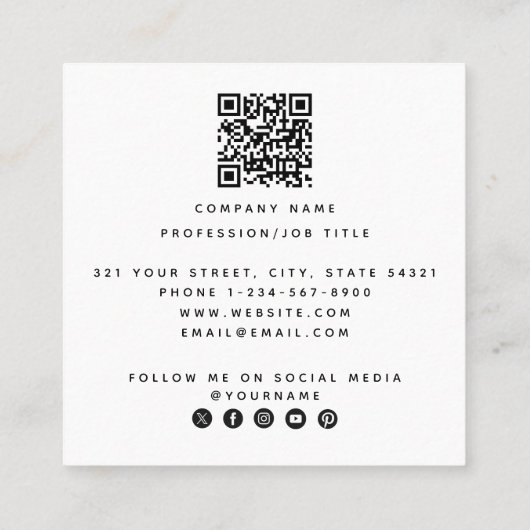 Minimale Hallo QR Code Social Media Icons Vierkante Visitekaartje (Achterkant)