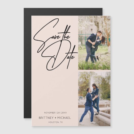 Minimale Hand Geletterde Fotocollage Blush Pink Magnetische Uitnodiging (Voorkant / Achterkant)